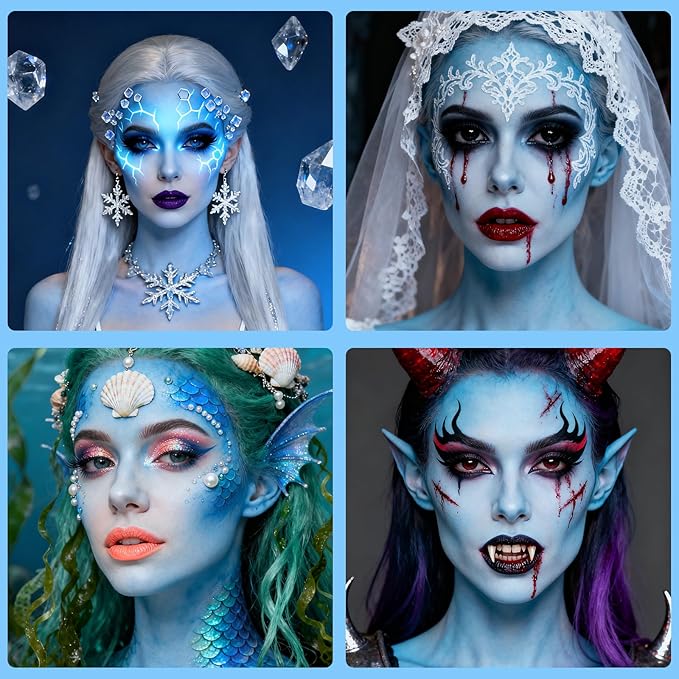 Light Blue Cream Face Body Painting Foundation, Professional Full-coverage Oil Based Blue Face Paint Halloween SFX Sally Corpse Bride Cosplay Makeup for Adult Carnival & Stage Performance