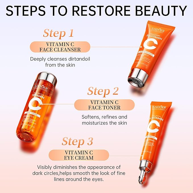 Vitamin C Skincare Set ,Skin Hydration,1Gift Box,1Toner,Face Care Kit Includes Toner,Serum,Cleanser,Moisturizer,Eye Cream & Body Lotion,Unique Gift for Women