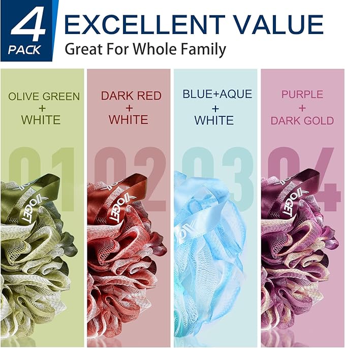 Yoget 4 Pack Bath Loofah Sponge, 4 Color 60G Bath Sponge,Exfoliate, Cleanse, Soothe Skin