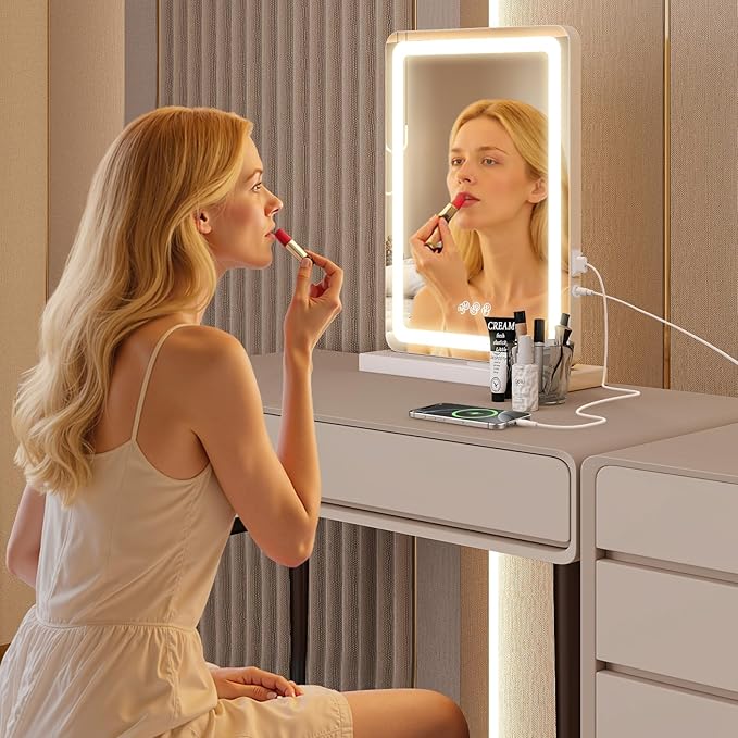 Sweetcrispy 17"x13" LED Vanity Mirror with Lights, Dimmable 3 Color Modes Makeup Mirror with Memory Function, USB Charging, Aluminum Frame, Lighted Mirror for Desk or Bedroom