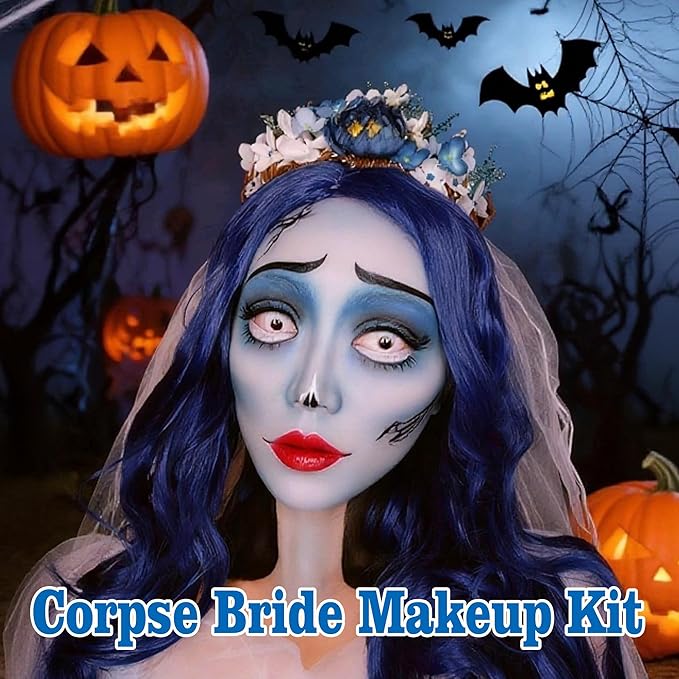 Sally Makeup Kit, Corpse Bride Halloween SFX Makeup Kit, Sally Face Costume Cosplay Accessories for Women Girls, Water Activated Light Blue Face Body Paint+Red Lipstick+Black Eyeliner+Sponges