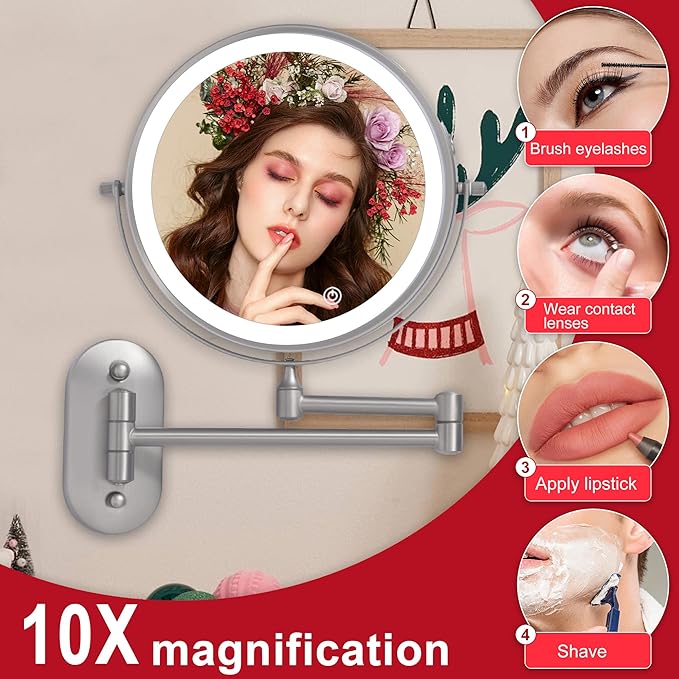 Rechargeable Wall Mounted Lighted Makeup Vanity Mirror with 10X/1X Magnification for Shaving, 8Inch Brushed Nickel Magnifying Mirror Makeup Wall Mounted with Light,13 Inch Extendable (8CB-N10X)