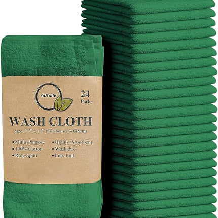 Softolle 100% Cotton Washcloths 24 Pack (12x12 Inches) Soft, Highly Absorbent Washcloth, Face Towels, Wash Cloths for Face, Ring Spun, Bulk Pack (Dark Green)