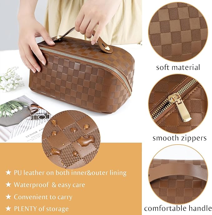 Checkered Travel Makeup Bags Cosmetic Organizer Bag: 2-Set Large Capacity Waterproof Makeup Bag - PU Leather Toiletry Bag for Women - Wide Open Portable Pouch with Handle and Divider (BROWN)