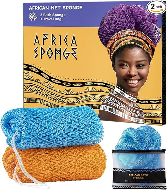 African Net Sponge Authentic - 2 Pieces Exfoliating Body Scrubber Bath Sponge Babyblue&Orange - Back Scrubber Washcloth for Shower - Real African Scrub Exfoliator Body Care Bathing Accessories