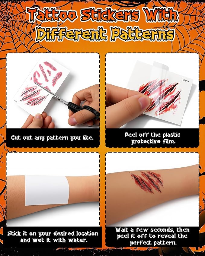 Halloween Effects Makeup Kit, Red Black White Face Paint, Makeup with Tri-color makeup Tattoo stickers sponges brushes, Perfect for Halloween Zombie Vampire Skeleton