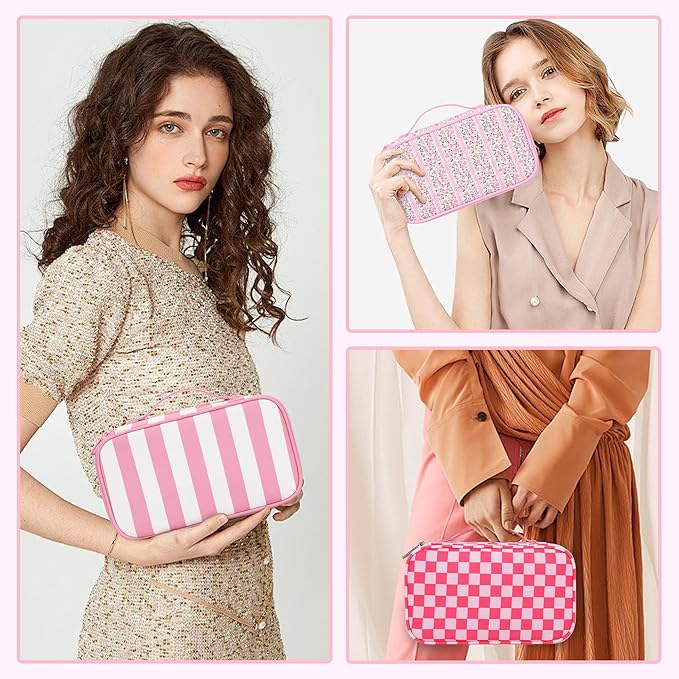 Relavel Travel Makeup Bag, Small Floral Cosmetic Bag with Makeup Brush Compartment, Portable Makeup Pouch for Women, Double Layer Makeup Organizer Bag Cute Toiletry Bag, Wide Strip