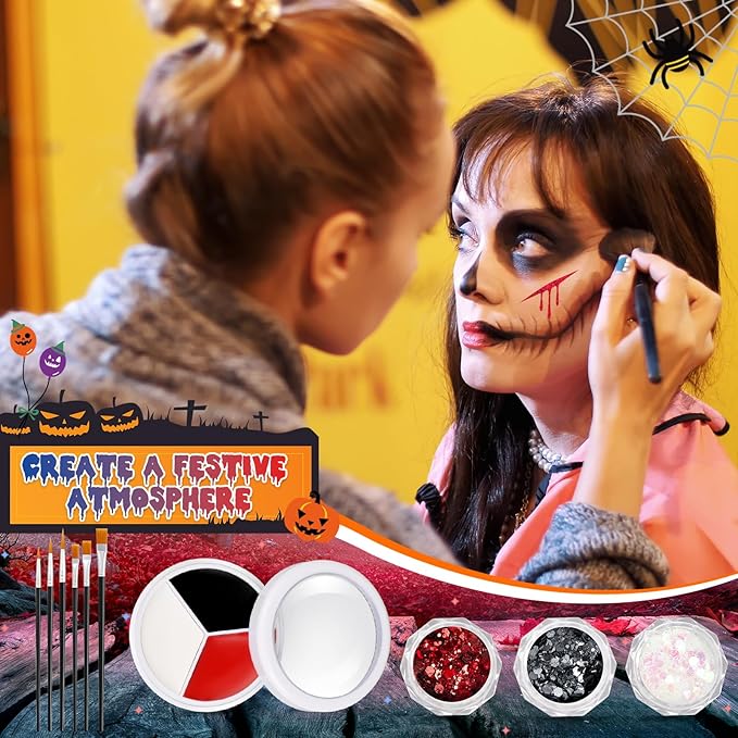16 Pcs Halloween Face Paint Kit Red White Black Face Paint Kit with Glitter Makeup Brush Sponges for Halloween Cosplay Party Supplies