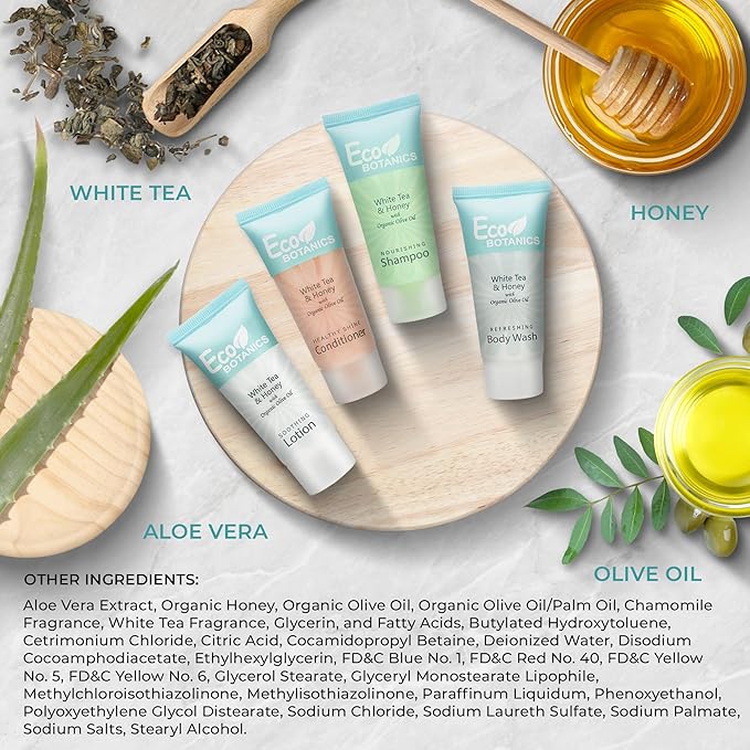 Eco Botanics Toiletries Set | 1-Shoppe Amenities Kit | 0.85oz Shampoo & Conditioner, Body Wash, Lotion | Travel Size | 80 Pieces