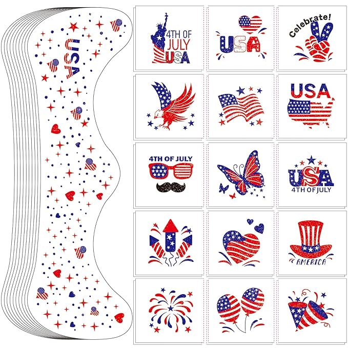 20 Pcs Blue Red and White Glitter Freckles Face Tattoos, Independence Day Glitter Freckles, Waterproof Temporary Face Tattoos for Women and Kids, USA Patriotic, Memorial Day Fake Tattoos