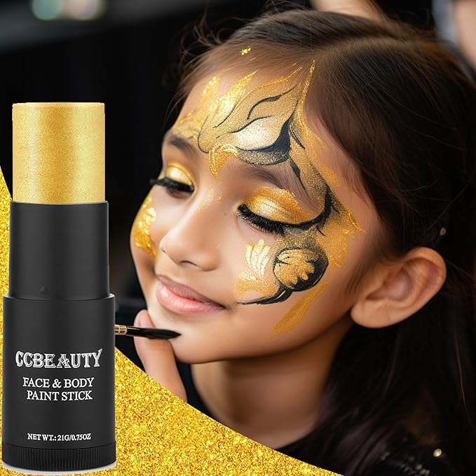 CCbeauty Gold Face Paint Stick, Metallic Face Painting Kit, Full Coverage SFX Makeup Foundation, Professional Non-Toxic Body Paint for Halloween Costume Party, For Wonder Women, Iron Man Makeup