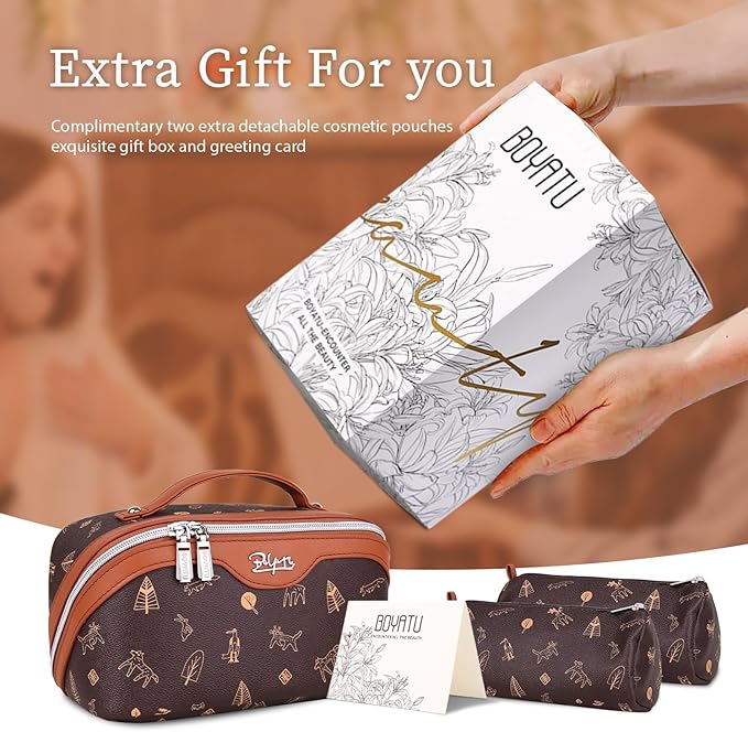 BOYATU Travel Makeup Bag Cosmetic Bags for Women: 3 Pcs Set Portable Make up Bag with Handle - Vegan Leather Toiletry Bags with Compartments - Makeup Organizer for Travel Essentials(04-Brown)