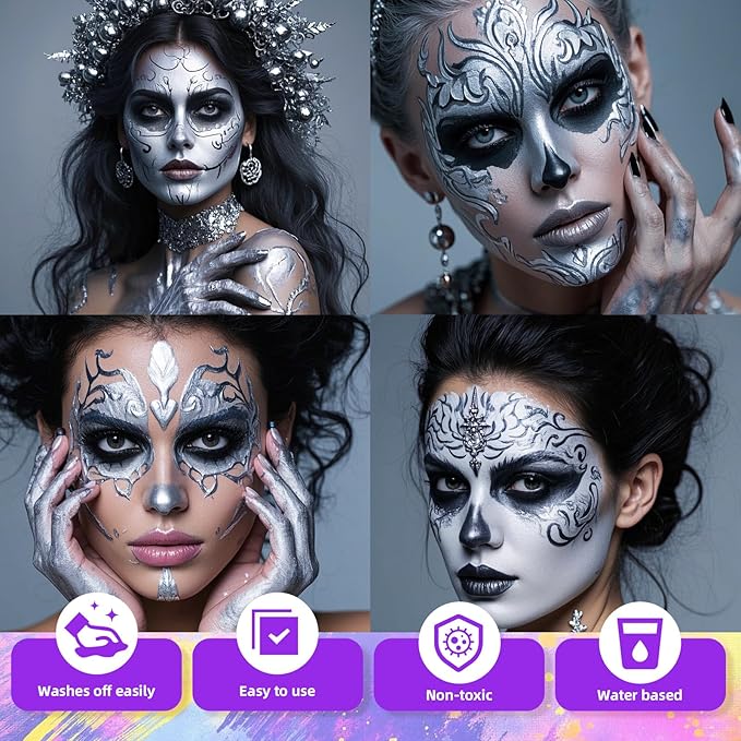 3Pcs Face Body Paint, Professional Paint for Halloween Cosplay Costume Party, Full-coverage Multi-Color Cream Makeup Body Paint for Adult Halloween Cosplay SFX Makeup Paint (White+Black+Silver)