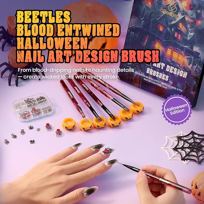 Beetles Halloween Nail Art Brushes, Blood Entwined Nail Art Pens 6pcs with Pumpkin Palette Holder Halloween Charms Manicure Design Dotting Tools Draw Liner Gradient French Brushes DIY Nails Supplies