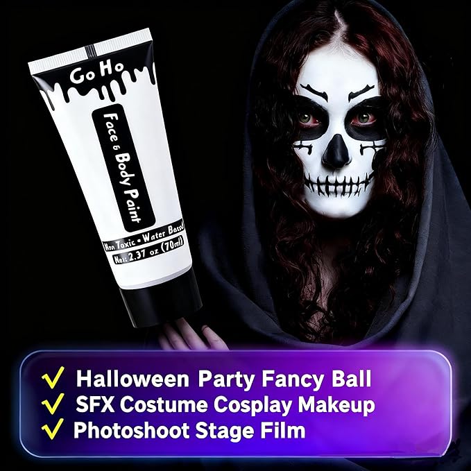 Go Ho White Black Red Face Body Paint Washable(7 oz) for Clown Makeup,Cream Water Based White Black Vampire Skeleton Clown Body Paint for Halloween Costumes Cosplay SFX Makeup