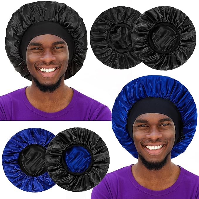 2pcs Bonnet for Men, Bonnets for Women, Satin Silk Hair Bonnet for Sleeping, Reversible Double Layer Wide Band Sleep Cap for Curly Hair Braids