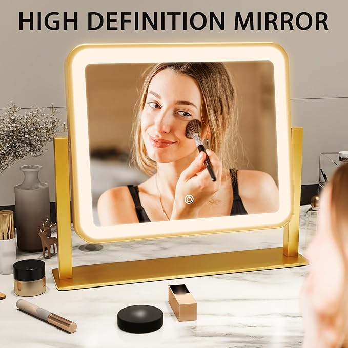 Gold Lighted Makeup Mirror, 14"x12" Vanity Mirror with Smart Touch Control, 3-Color Dimmable Lighting, 360° Rotation for Desk or Bedroom