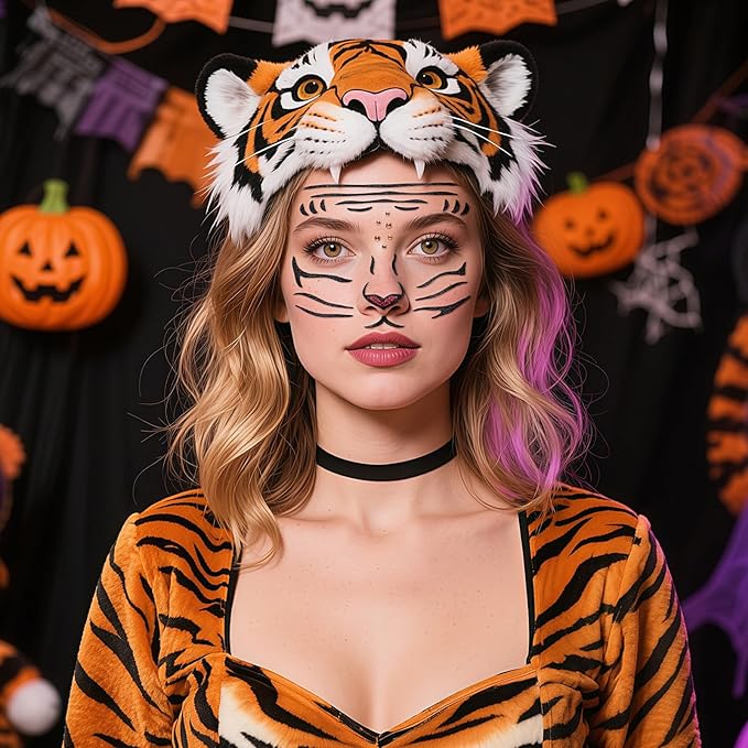 Face Stickers Gems Halloween Temporary Tattoo Sticker Animals Face Sticker Decal Body Face Self-adhesive Sticker Stage Makeup Party Cosplay Decoration 2pcs (tiger)