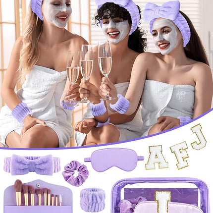 Gift Sets for Women, Initial Makeup Bag with Makeup Brush Set Bachelorette Party Favors, Purple Spa Kit with Skincare Headbands Wrist Bands Sleepover Party Supplies Gifts for Teen Girls Bridesmaid I