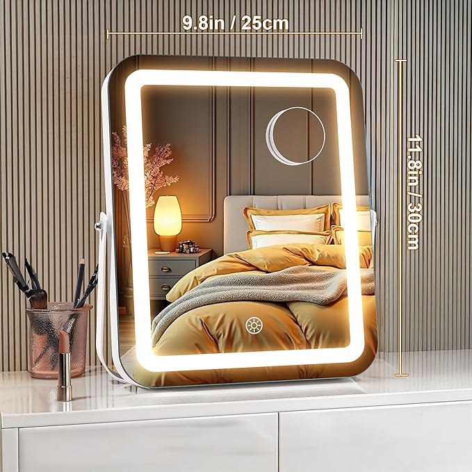 MINISO Vanity Mirror with Lights, 10" x 12" LED Makeup Mirror, Light & Brightness Adjustment, Smart Sensor, 360°Rotation, Aluminum Alloy Metal White Frame, with 5X Magnifying Glass