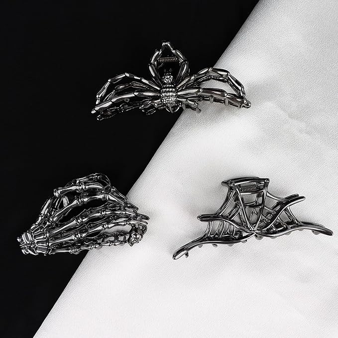 3PCS Black Spider Hair Claw Clips for Women Mental Gothic Claw Clips for Styling Strong Hold Hair Accessories for Halloween Party Gifts