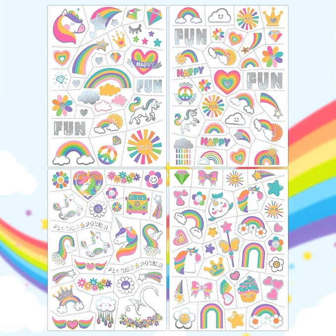 Unicorn Rainbow Temporary Tattoos for Kids, 118 Pcs Metallic Fake Tattoos | Unicorn Birthday Party Supplies Favor, Cute Rainbow Flower Design, 4 Sheets Bronzing Tattoos for Boy and Girls