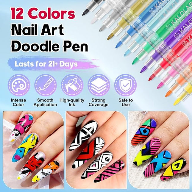 Kalolary 12 Color Nail Art Pens Set, 0.7MM Fine Tip Nail Polish Pens Acrylic Paint Pen Nail Art Markers Quick-Drying Nail Art Tools for Dotting Drawing Painting DIY Nail Art Beauty Manicure（H）