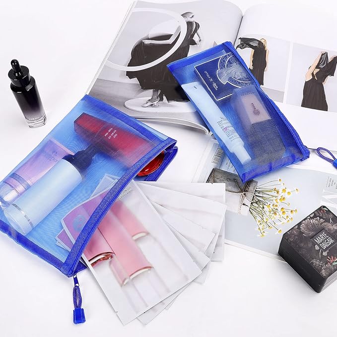 12 Pieces Zipper Nylon Mesh Pouch, Mesh Cosmetic Bags Makeup Bags Pencil Case, Multipurpose Travel Bags for Cosmetic School Office Supplies and Travel Accessories (Blue, A5) (WB06)