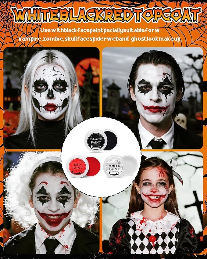Halloween Effects Makeup Kit, Red Black White Face Paint, Makeup with Tri-color makeup Tattoo stickers sponges brushes, Perfect for Halloween Zombie Vampire Skeleton