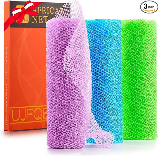 UJFQBH 3 Pieces African Bath Sponge African Net Long Net Bath Sponge Exfoliating Shower Body Scrubber Back Scrubber Skin Smoother,Great for Daily Use (Pale Purple, Blue, Green)