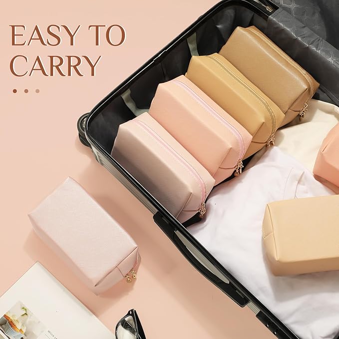 Sanwuta 9 Pcs Makeup Bags Bulk PU Double Zippers Cosmetic Bag Makeup Toiletry Pouch Portable Travel Organizers Case for Women Bachelorette Party End of The Year Bridesmaid Gift(Pink Brown Series)