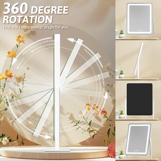 22x18 Inch Vanity Mirror with Lights, 3 Color Dimmable LED Lighting, Smart Touch Control & 360° Rotation, Large Makeup Mirror for Bedroom, Dressing Room (White)