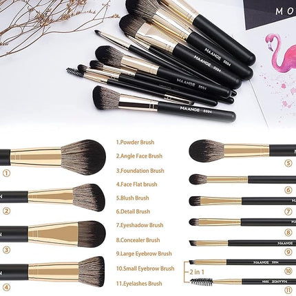 Makeup Brushes,MAANGE 10 PCs Travel Professional Makeup Brushes Set with Case,Foundation Kabuki Blush Eyeshadow Make Up Brush with Makeup Sponge and Brush Cleaner(Blackgold)