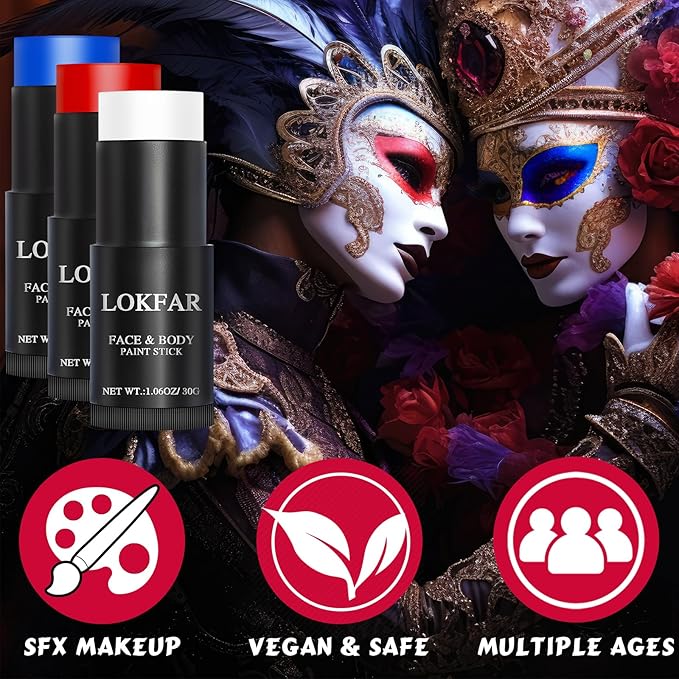 Red & Blue & White Face Body Paint Stick, White Foundation Makeup, Usa Themed Accessories Flag Color, Professional Halloween Face Makeup Kit for Clown Vampire Joker Costume