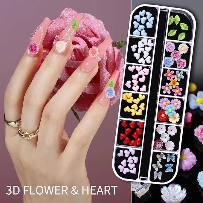 Teenitor Nail Charms and Gems Nail Art Tools, 6 Boxes 3D Nail Gems with 15 Sheets Nail Stickers for Nail Art, Flower Nail Stickers Nail Rhinestones Nail Supplies, Nail Pearls Nail Stuff Nail Decor