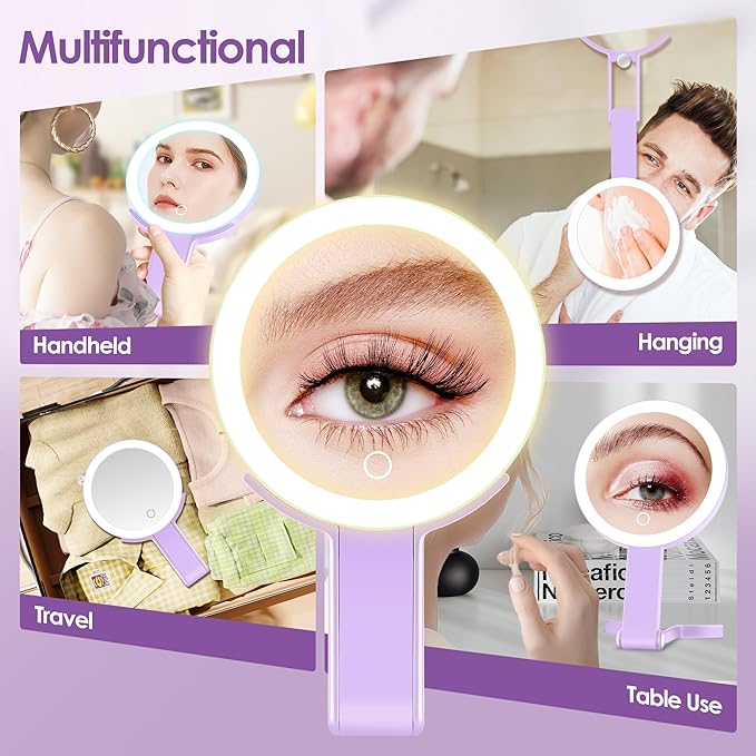 MIYADIVA Magnifying Mirror with Light, Double Sided 30X/1X Lighted Travel Makeup Mirror with Magnification, 3 Color Lighting, Dimmable Touch Screen, Adjustable & Foldable Hand Mirror (Purple)
