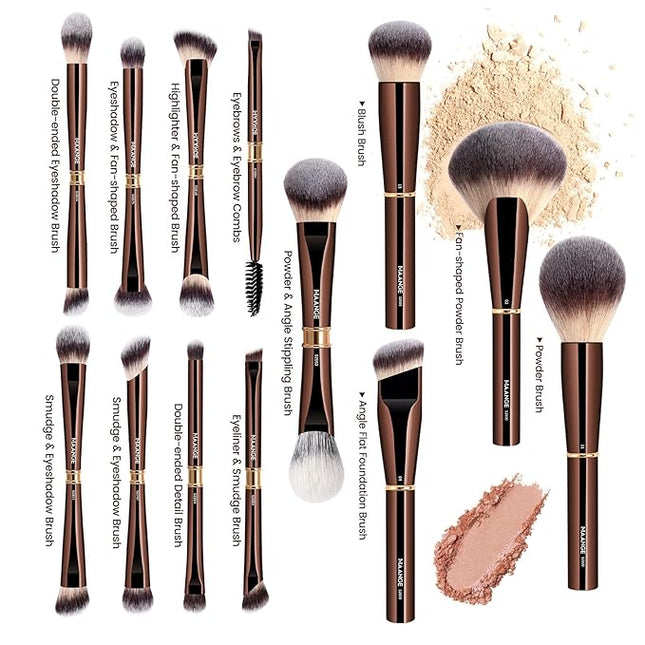 MAANGE 13Pcs Makeup Brushes with Case, Professional Brochas De Maquillaje for Face & Eyes, Soft Synthetic Foundation Powder Blush Eyeshadow Brush Kit with Gift Box,CoffeeBrown