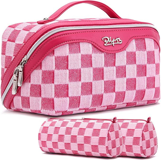 BOYATU Travel Makeup Bag for Women: Large Cosmetic Bag Set of 3 - PU Leather Make up Bag with Compartments - Compact Waterproof Toiletry Bag with Divider & Handle (C-04Red)