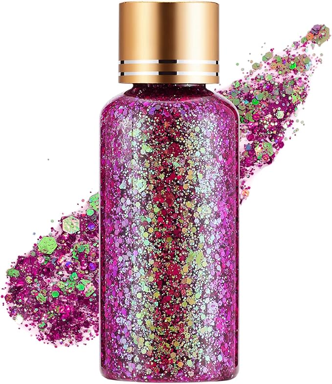 Dream Rose Color Body Glitter, Face Glitter Gel, Hair Glitter for Women Kid, Holographic Chunky Mermaid Sequin Shimmer Makeup for Halloween Party Carnival Festival Rave Accessories, 1oz