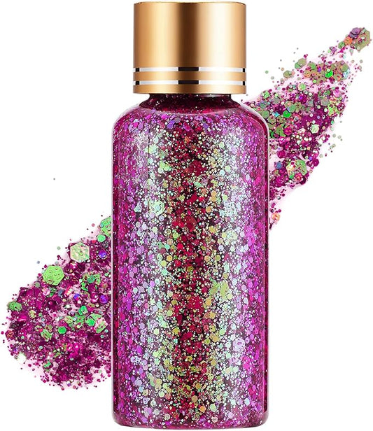 Dream Rose Color Body Glitter, Face Glitter Gel, Hair Glitter for Women Kid, Holographic Chunky Mermaid Sequin Shimmer Makeup for Halloween Party Carnival Festival Rave Accessories, 1oz