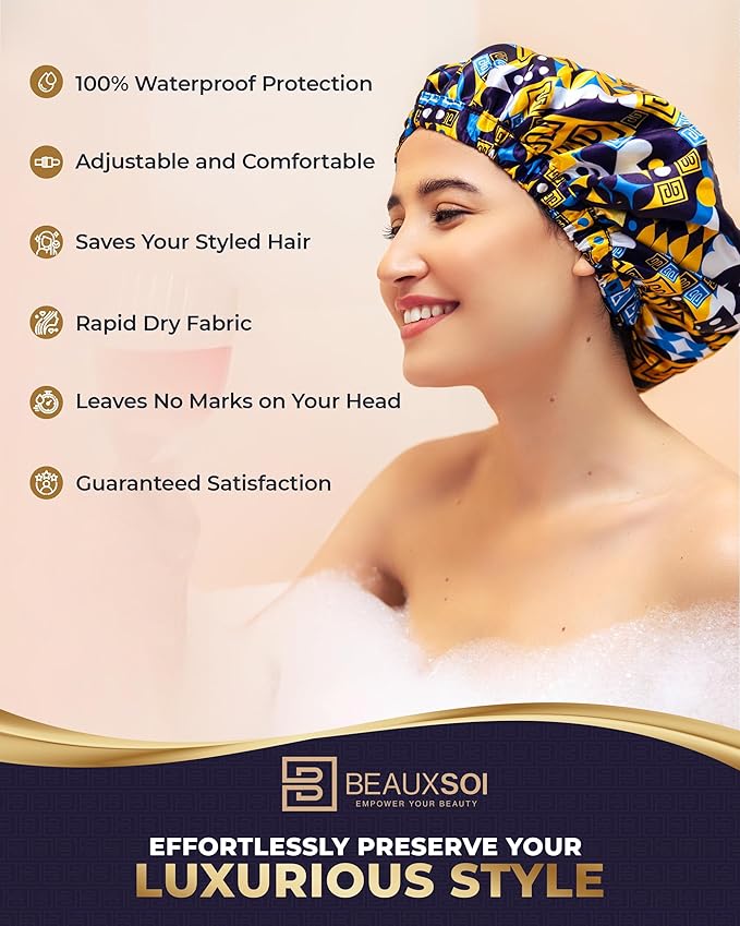 Luxury Reusable Waterproof Shower Cap for Women - Satin Lined, Adjustable - Keeps Hair Dry, Durable Hair Bonnet by BEAUXSOI (African Majesty)