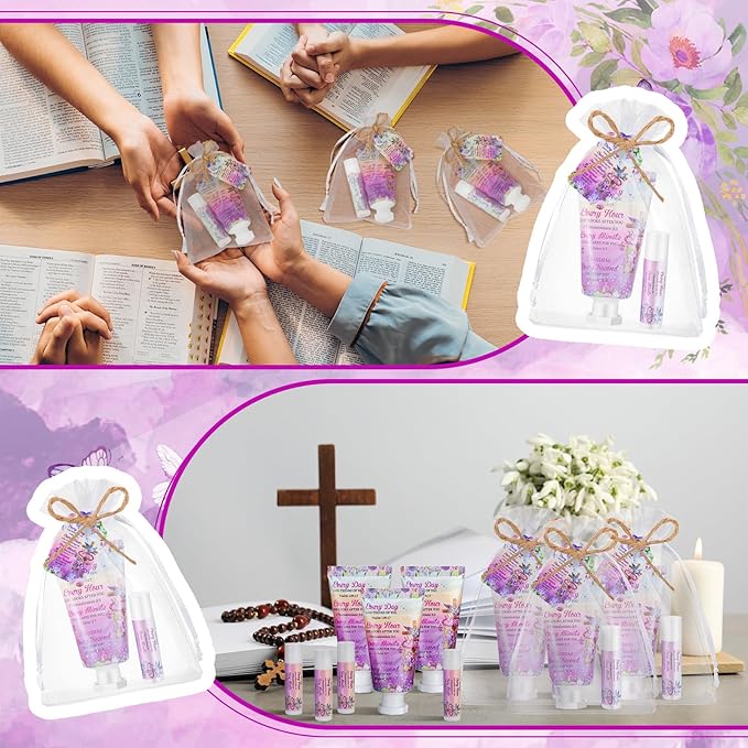 24 Sets Christian Hand Cream and Lip Balm Gift Set Christmas Christian Gift for Women Travel Size Hand Lotion Bible Verse Lip Balm Bulk for Baby Bridal Shower Mom Holiday Gift(Cross)