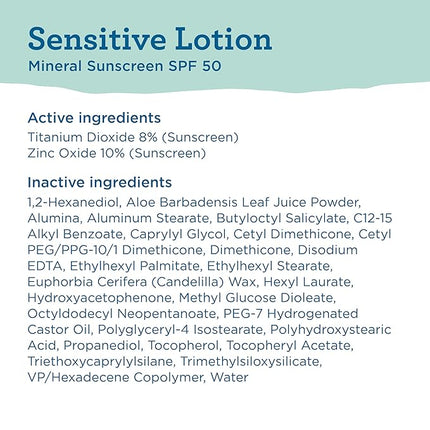 Blue Lizard Sensitive Mineral SPF 50 Sunscreen Lotion, 100% Mineral Sunscreen, UVA/UVB Protection, Infused with organic Aloe Vera, Soothes and Hydrates, 5 fl oz | with Zinc Oxide, 50+, Water Resistant, UVAUVB Protection, Sensitve