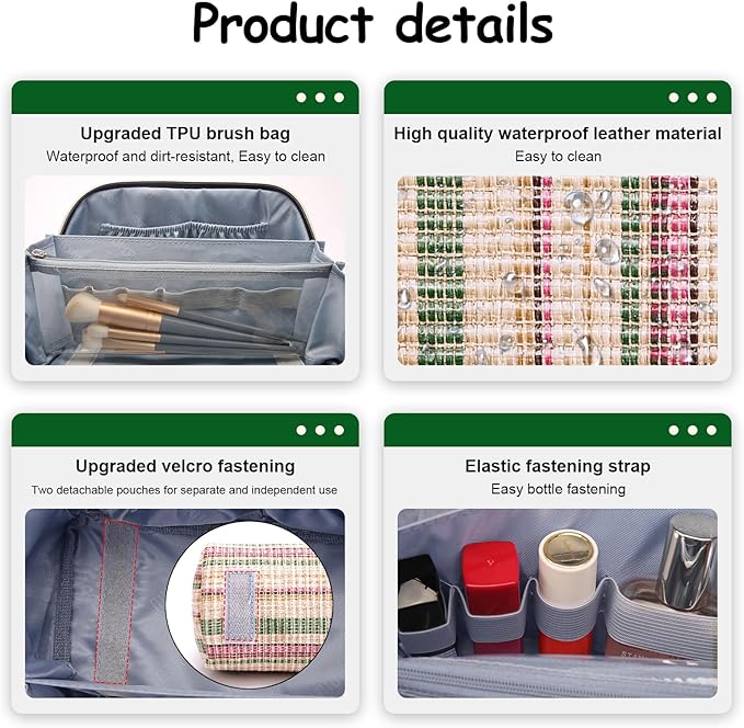 Travel Makeup Bag for Women: Large Capacity Open Flat Make up Bag Set of 3 - Vegan Leather Cosmetic Bag with Compartments - Waterproof Toiletry Bag with Handle & Divider(Green)