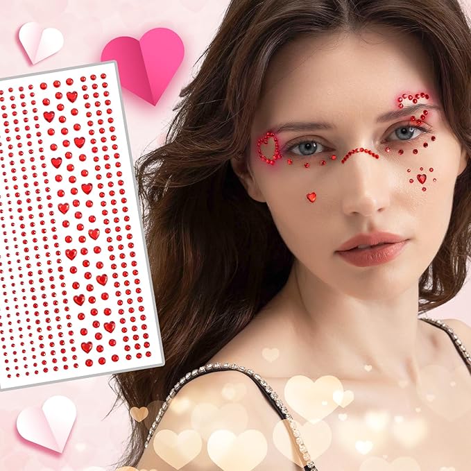 YGDZ Face Gems Self-Adhesive Face Jewels Stickers, Red Lip Hair Gems, Festival Kiss Jewels, Face Rhinestone Stickers for Makeup, Eye, Hair, Body, Rave Accessories, Stick on Gems for Kids, Women