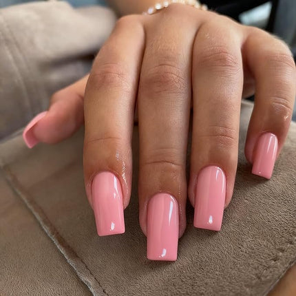 Rose Pink Press on Nails Long Square, KXAMELIE Medium Coffin Nails Press ons Long Glue on Natural Thick Fake Nails Acrylic Reusable 24 Solid Color False Nails for Women