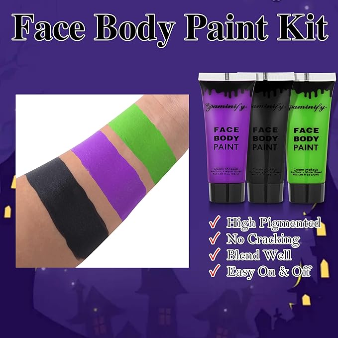 Black Purple Lime Green Face Paint,1.01oz/pc Water-Based Body Paint,Halloween Cosplay SFX Makeup Kit, Face Painting for Zombie,Frankenstein,Ghost Costume