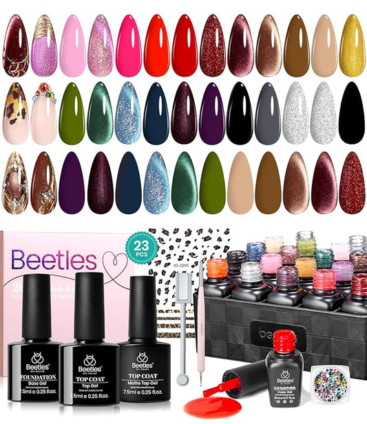 Beetles Fall Gel Polish Kit, Cat Eye Glitter 20 Colors Fall Brown Burgundy Gel Polish With Sticker Rhinestone Base Coat Glossy & Matte Top Coat Mob Wife Collection Winter Gifts for Women