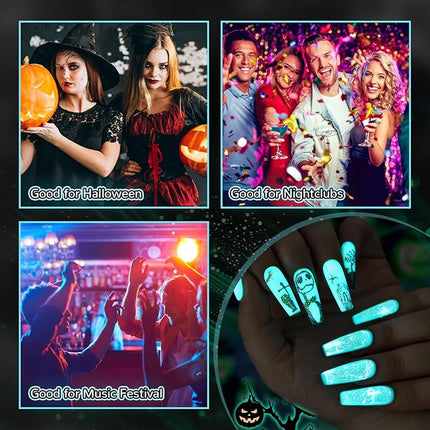 U-Shinein Glow In The Dark Gel Polish - Glitter Luminous Blue Nail Gel Top Coat with Fine glitter decoration No Wipe Long-lasting Transparent Glow UV LED Needed, Perfect for Any Festival Halloween