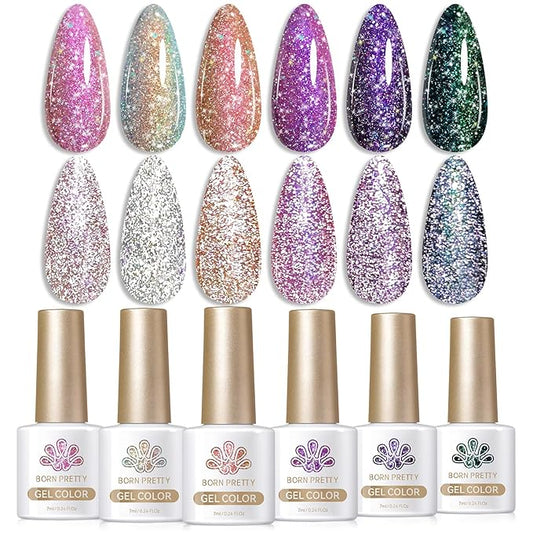 Born Pretty Reflective Glitter Gel Nail Polish Shimmer Sequins Sparkly Shiny Disco DJ Glitter Sequins Nail Polish 6PCS 7ML